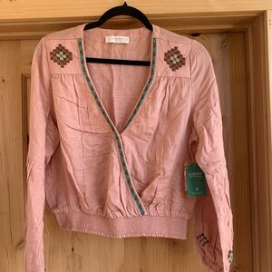 Lucky Brand Pink Boho Embroidered V-Neck Blouse